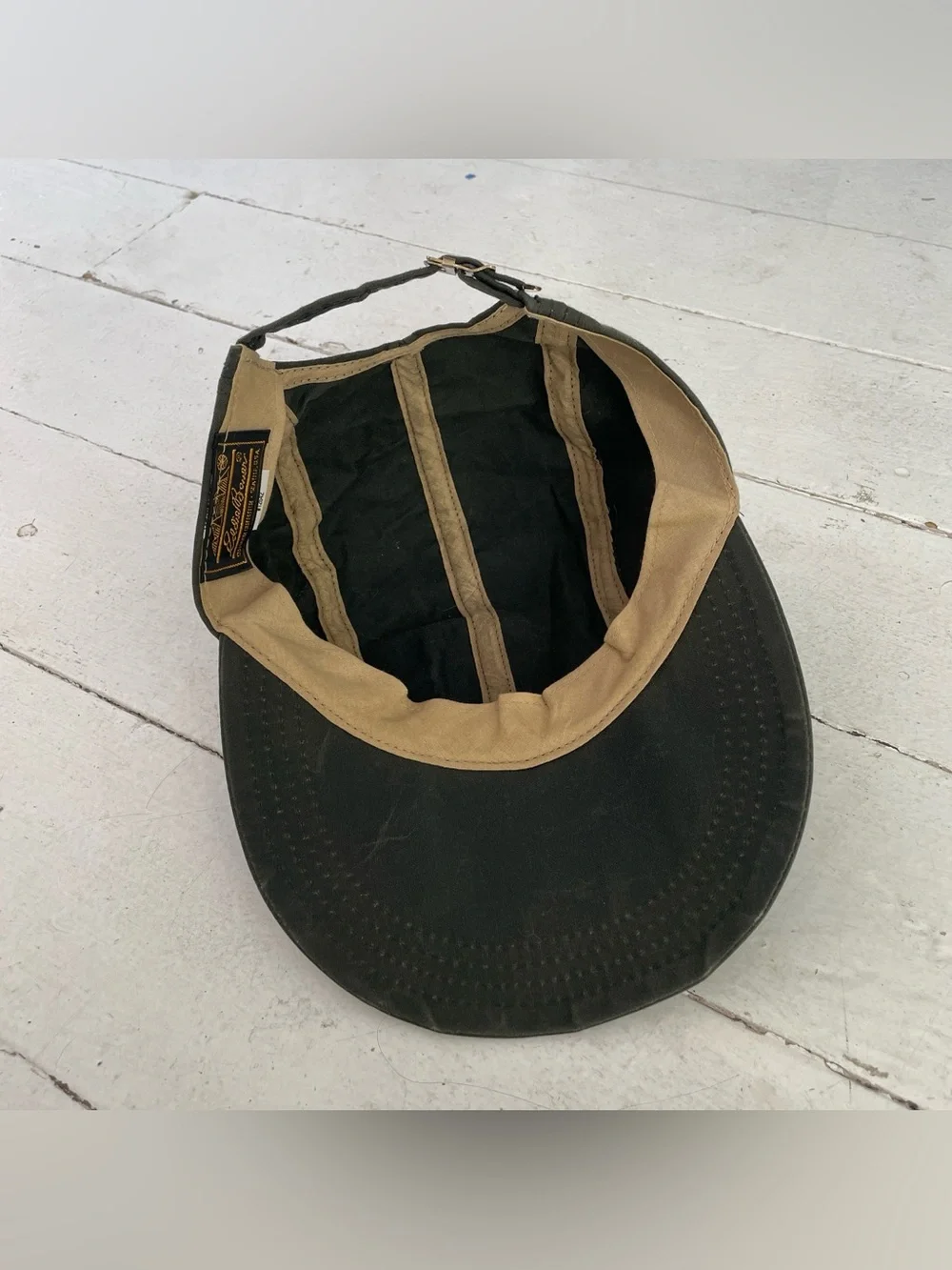 Vintage dark green waxed cotton Eddie Bauer fishing long brim hat.